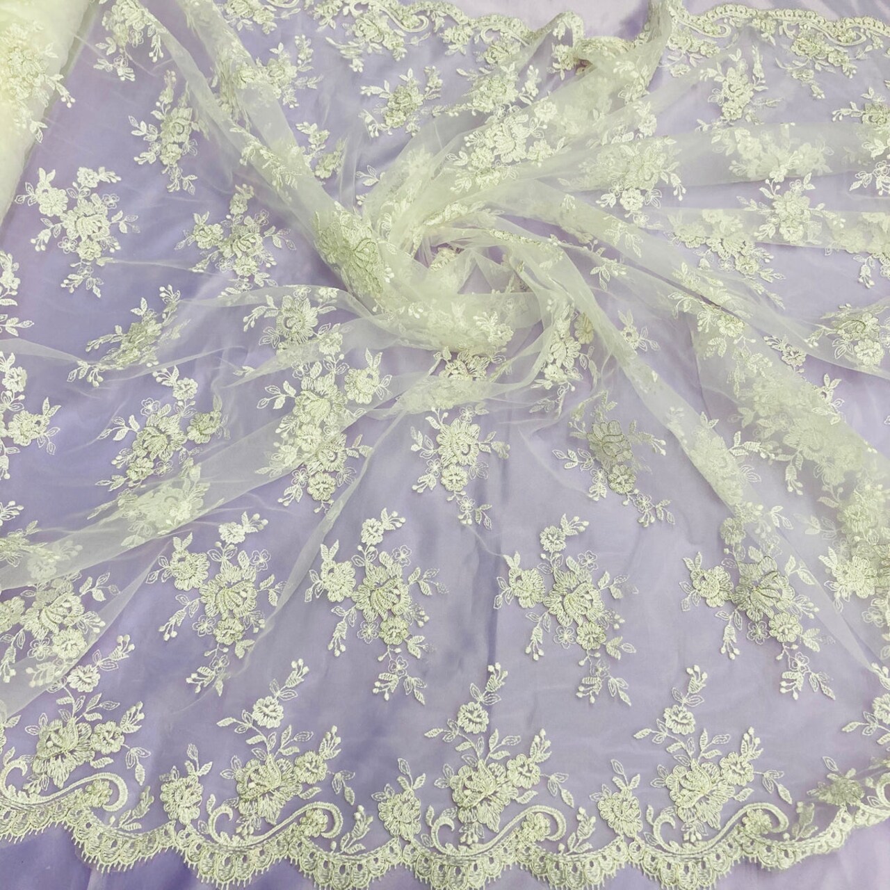 1 Yard Elegant Corded Bridal Lace Fabric with Embroidered on 100% Polyester Net Mesh 56" Width